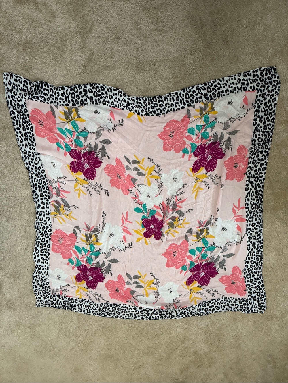 Express Pink Floral & Leopard Border Square Scarf